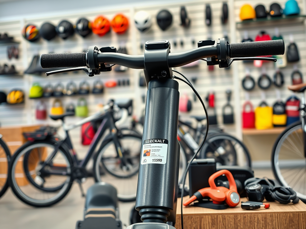 Handlebars of an electric bike in a shop with various cycling gear and accessories in the background.